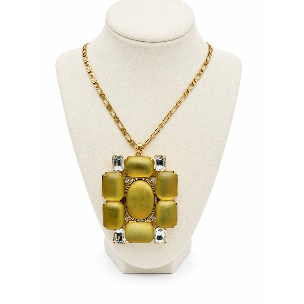 Chico's Yellow Lucite Crystal Statement Pendant Necklace Gold Tone 21" Signed